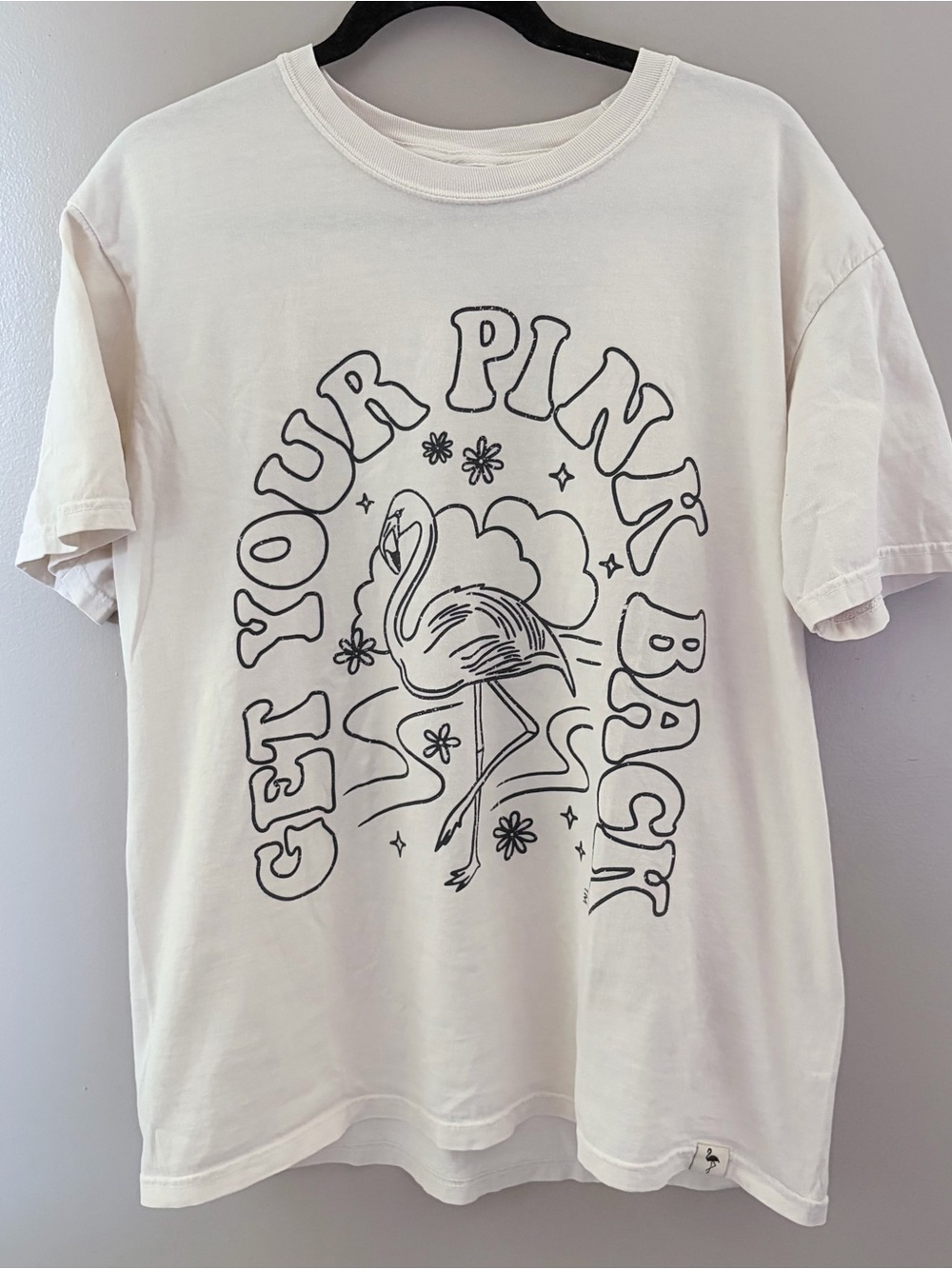 Get Your Pink Back Oversized Ivory Flamingo Graphic T-Shirt Size Large NWOT
